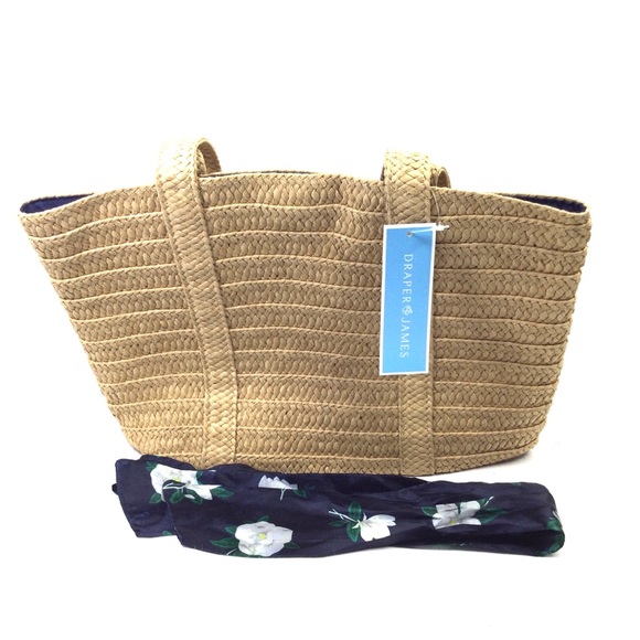 Draper James Everyday Straw Bag / Tote with Signature Magnolias Scarf. - Picture 2 of 11